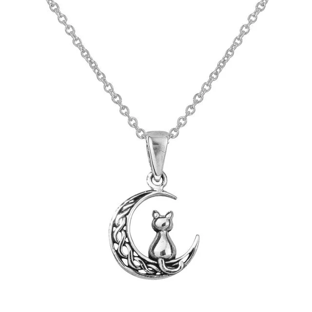 Pretty Celtic Moon Cat Necklace