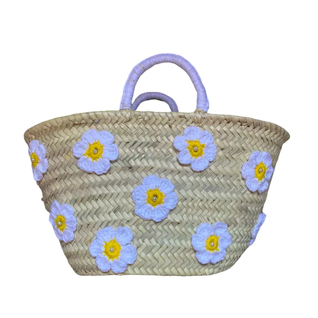 Daisy Embroidered Straw Bag