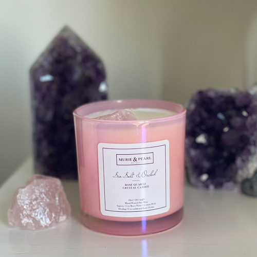 Rose Quartz Crystal Soy Wax Candle scented Sea Salt & Orchid