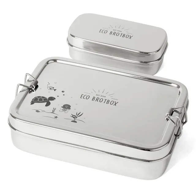 Brotbox XL incl. Snackbox XL Turtle Edition - Stainless steel container with engraving (0.7L) with Snackbox (0.2L)