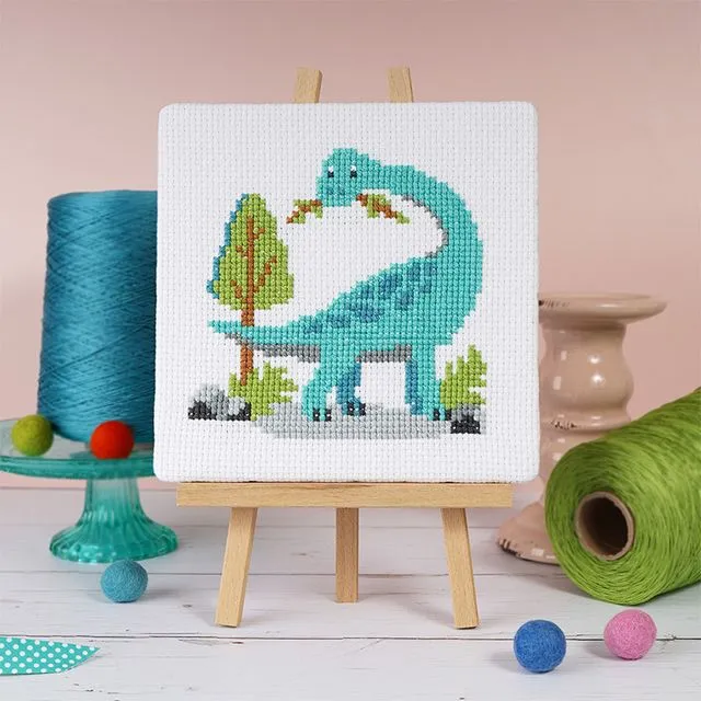 Dinosaur - Junior Cross Stitch Kit, Premium kit (with hoop and bag)