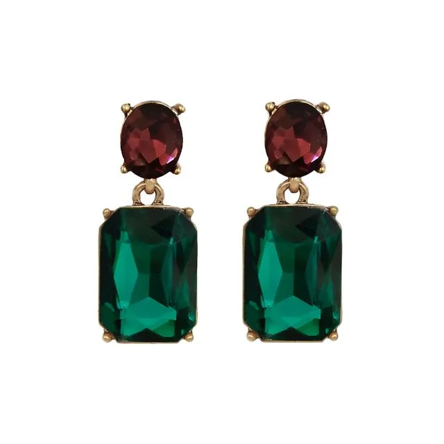 Faceted Gem Post Earrings in Emerald with Burgundy