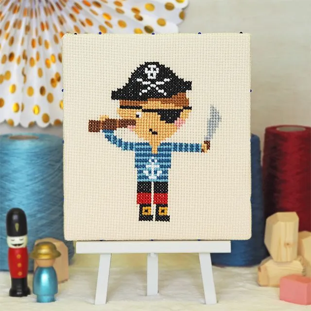 Ahoy Pirate - Junior Cross Stitch Kit, Premium kit (with hoop and bag)
