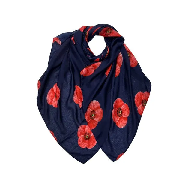 Poppy flower print on lightweight cotton mix scarf in navy