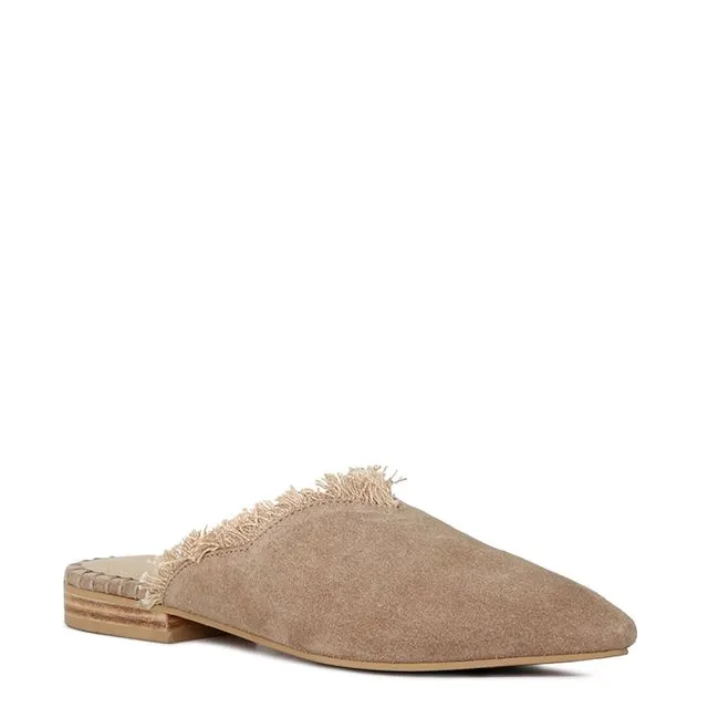 MOLLY TAUPE FRAYED LEATHER MULES