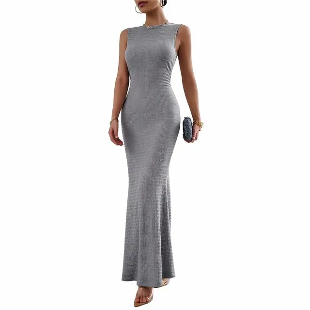 Solid Color Crewneck Sleeveless Knitted Bodycon Maxi Dress - GRAY