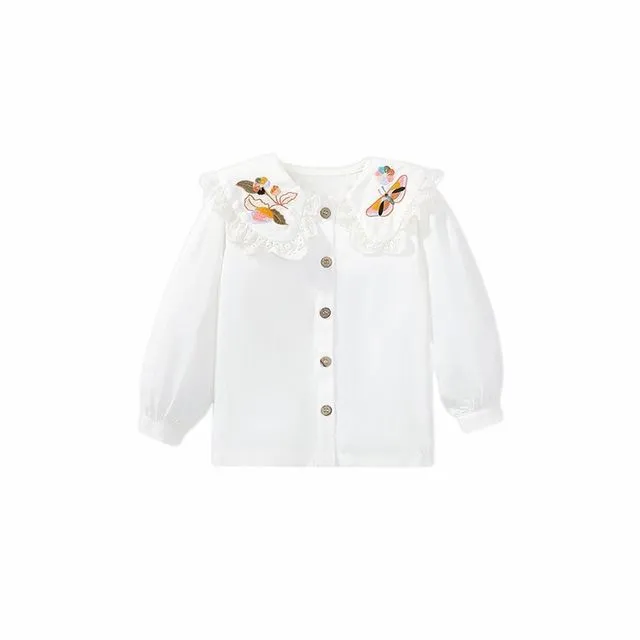 Girls Solid Color Embroidery Lapel Long Sleeves Buttoned Shirts - WHITE