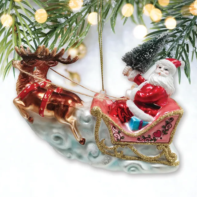 Santa Sleigh and Reindeer Elegant Christmas Ornament, Holiday Blown Glass Figurine