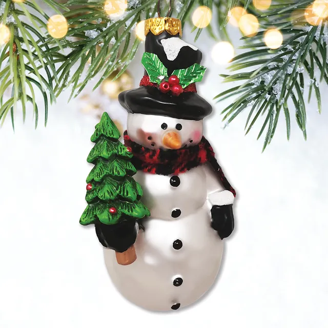 Comfy Snowman and Radiant Christmas Tree Blown Glass Holiday Ornament