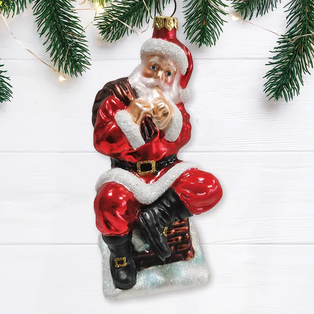 Santa Claus on Chimney Glass Christmas Ornament