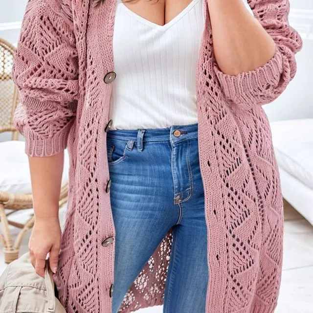 Pink Open Knit Button-Up Plus Size Cardigan - (GDP927103597 ~ PINK)