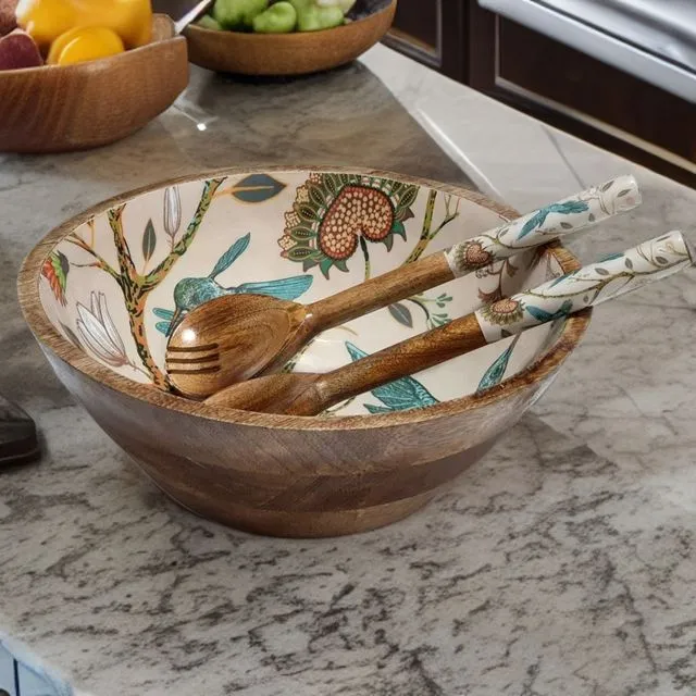 Hummingbird Large Serving Bowl Set With Spoons Handmade Stunning Pattern