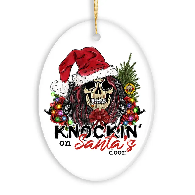 Knockin on Santa’s Door Gritty Rock Style Christmas Ornament, Rebellious Gunslinger Skull and Roses