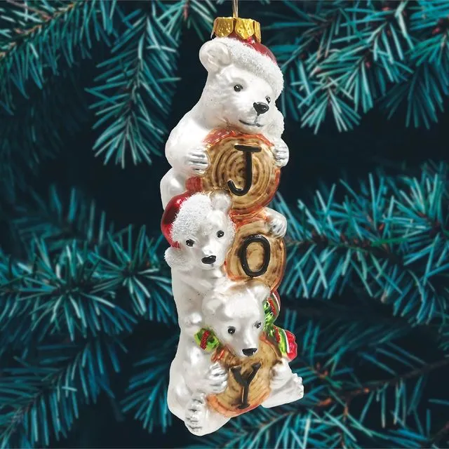 Joyful Polar Bear Trio Stacked Glass Christmas Ornament