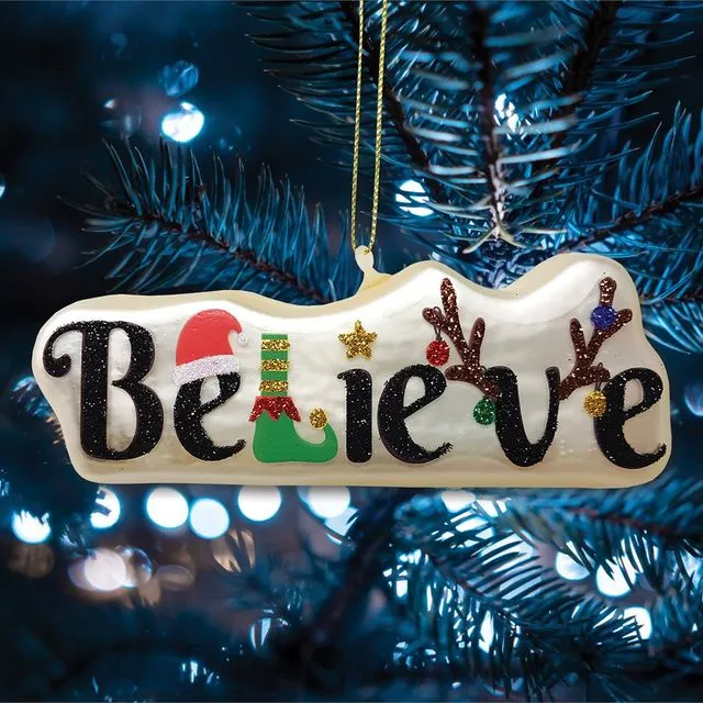 Enchanting Believe Glittering Glass Festive Christmas Ornament