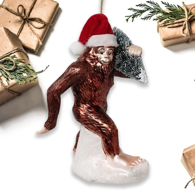 Holiday Forest Dweller Bigfoot Glass Christmas Ornament, Yeti and Sasquatch Tree Thief