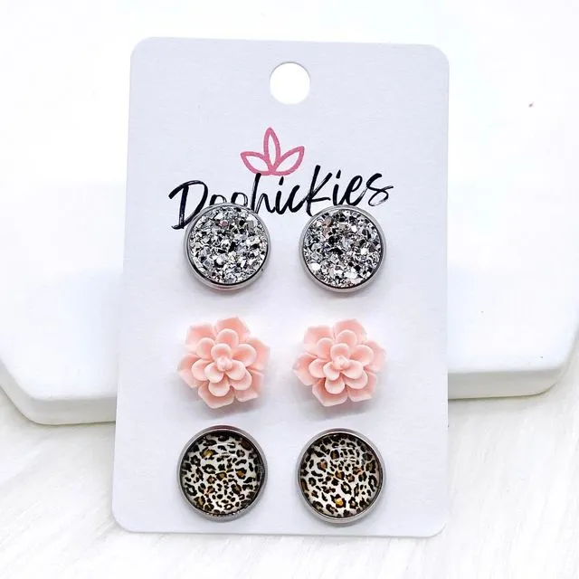 12mm Silver/Pink Succulents/Tan Leopard in Stainless Steel Settings