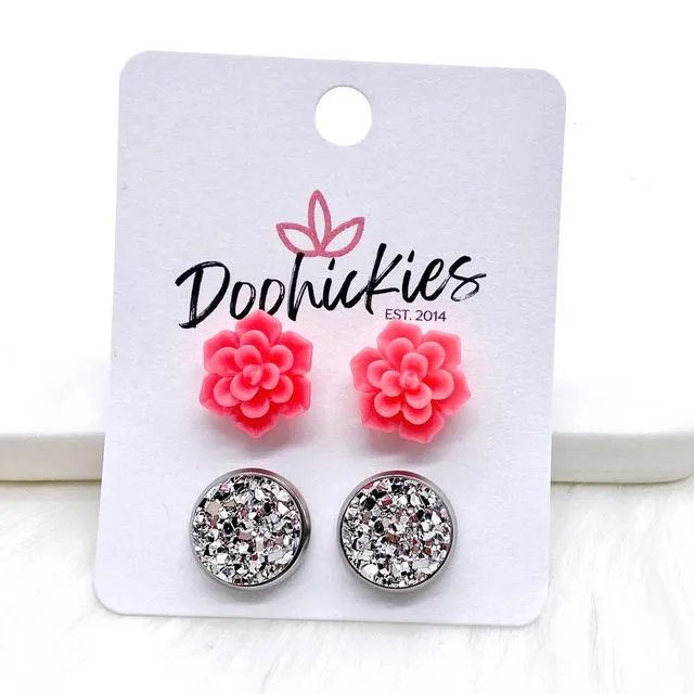 12mm Hot Pink Succulents & Silver in Stainless Steel Settings