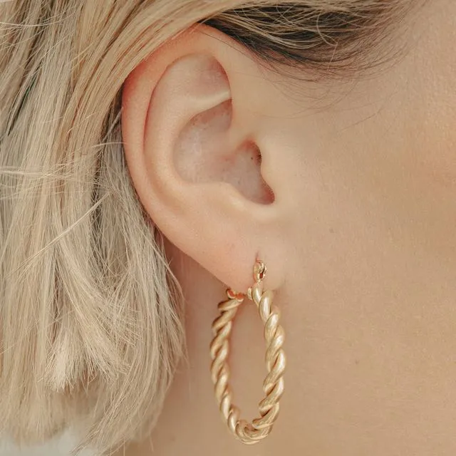 Gold Twist Hoop Earrings, Waterproof