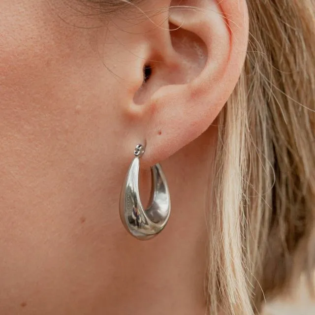 Silver Bold Crescent Hoop Earrings, Waterproof