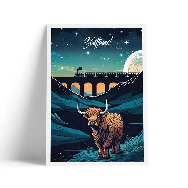 Highland Cow at Night - Viaduct and train - Scotland