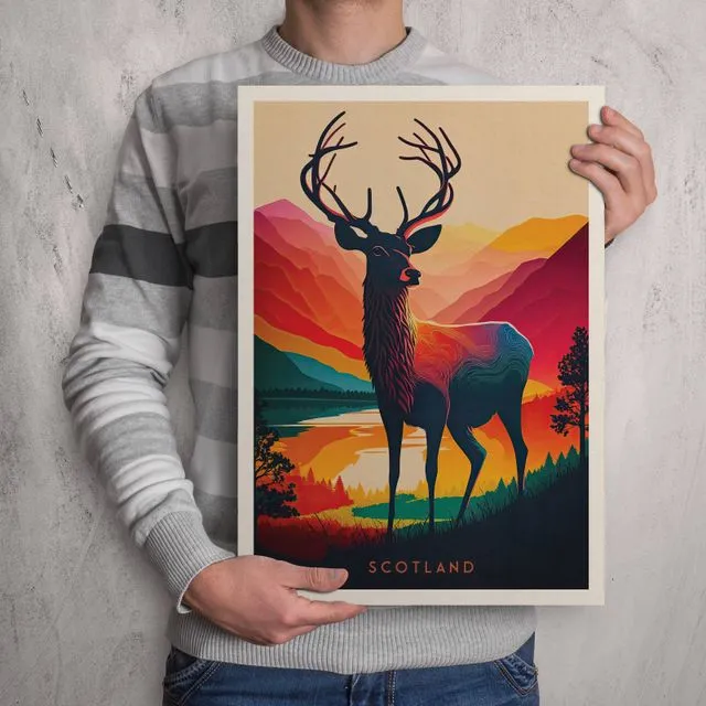Scotland Stag Print | Colorful Scottish Highlands Poster