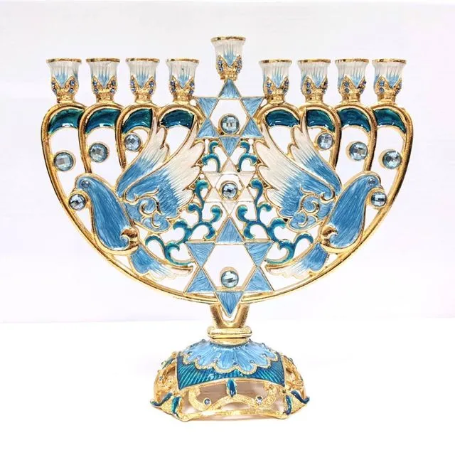 Hand painted Dove Menorah with crystals, Light Blue