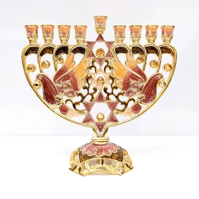 Hand painted Dove Menorah with crystals, Amber