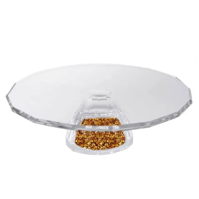 Crystal Cake Platter with Crystal Filled Round Base, Gold