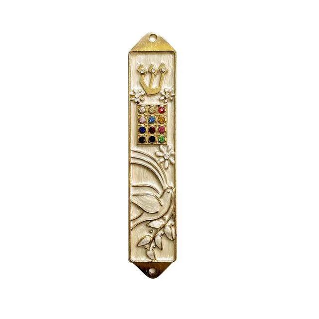 Ivory Mezuzah Bird and Olive Design with Genuine Crystals