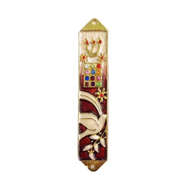 Red Mezuzah Bird and Olive Design with Genuine Crystals