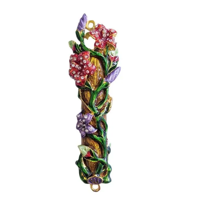 Flower Design Mezuzah with Genuine Crystals