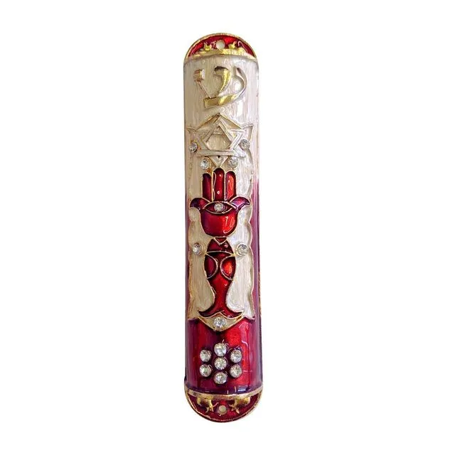 Red Mezuzah Hamsa and Star Design with Genuine Crystals