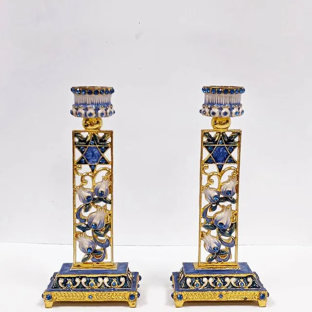 Shabbat Pair of 2 Blue Star of David & Floral Candle Holder