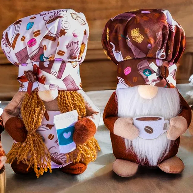 Cozy Artisanal Cafe Coffee Drinking Gnomes Set of Two, Rustic Bistro Decor Gift