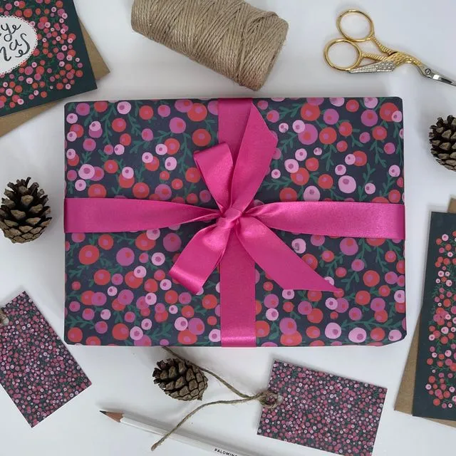 Christmas Red & Pink Berries Recyclable Wrapping Paper Set - MIDNIGHT Eco Friendly Gift Wrap