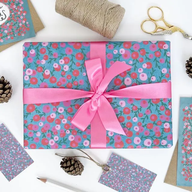 Christmas Red & Pink Berries Recyclable Wrapping Paper Set - AQUA Eco Friendly Gift Wrap