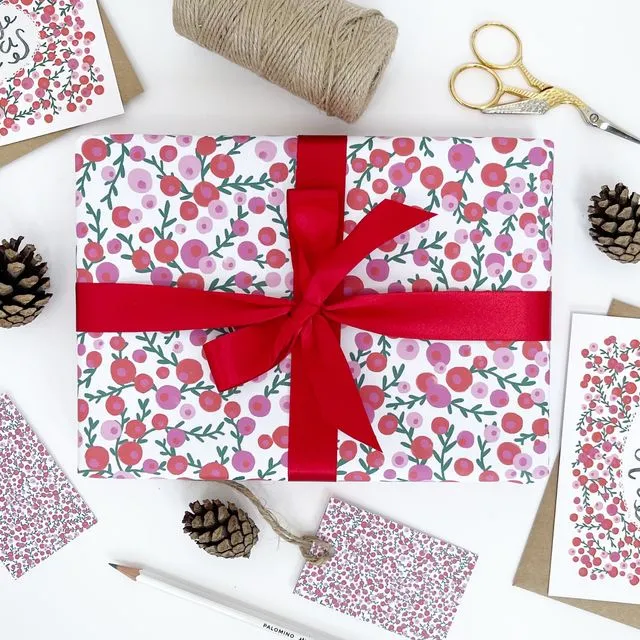 Christmas Red & Pink Berries Recyclable Wrapping Paper Set - WHITE Eco Friendly Gift Wrap