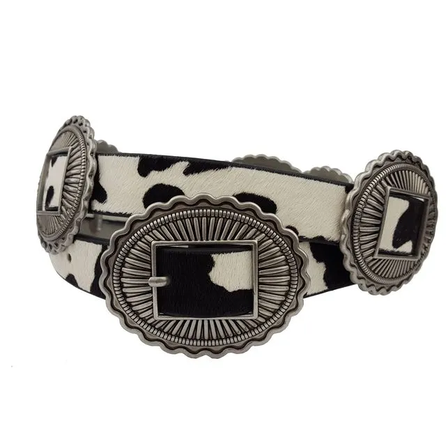 Genuine Cow Print Leather belt w. packed Concho, Black