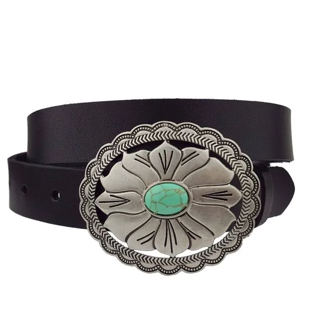 Genuine Leather Belt w Western-Inspired Floral Buckle