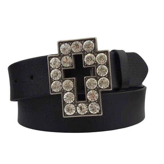 Genuine leather belt w. Crystal Cross Buckle