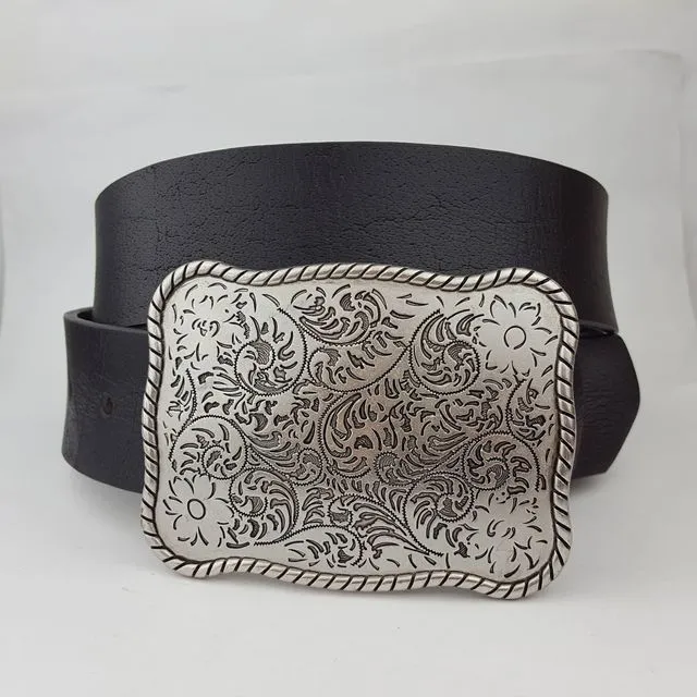 Genuine Leather belt w/ Western Etched Floral Plaque Buckle