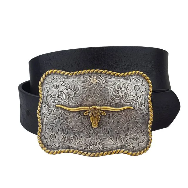 Genuine Leather belt with Long Horn Plaque Buckle