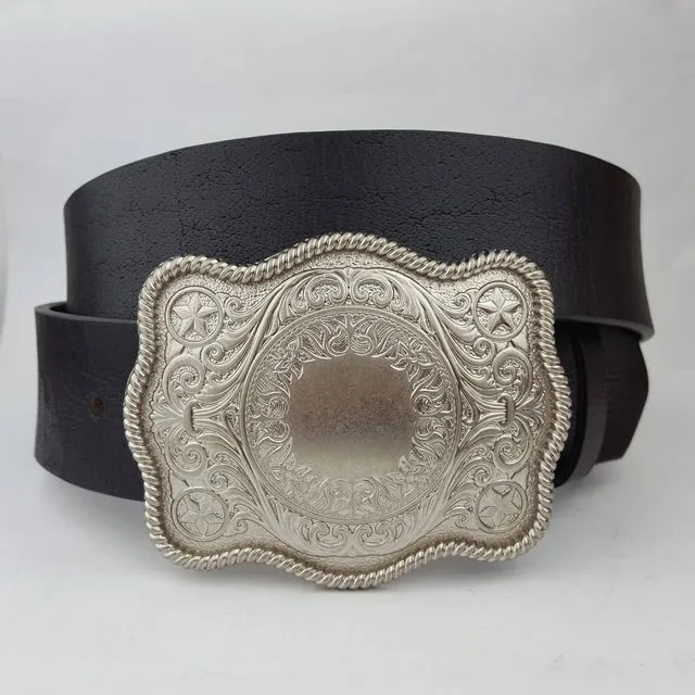 Genuine Leather belt with Silver Western Plaque Buckle