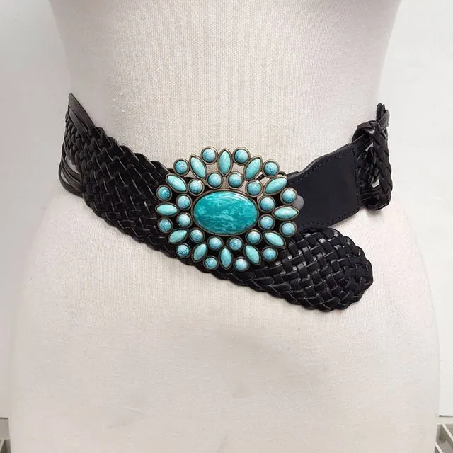 Hand Braided Leather Belt with Turquoise Style Buckle brass