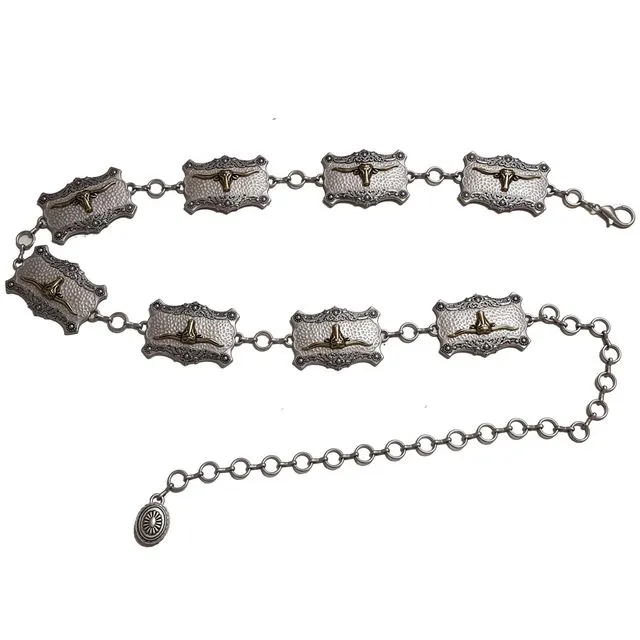 Push Size:Western Long Horn Concho Metal Chain Silver/Brass