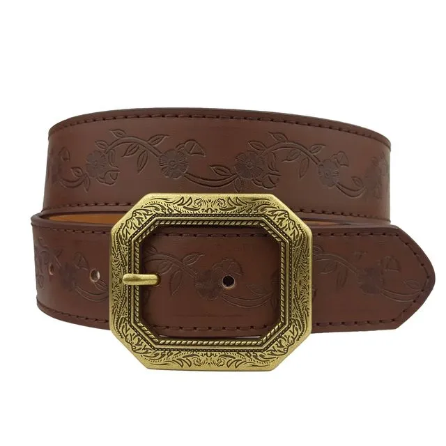 Western Etched Buckle w. floral vintage tooled belt