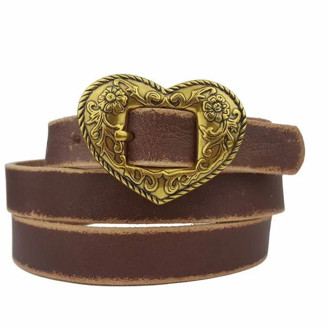 Western Floral Heart Buckle with Vintage Genuine Leather