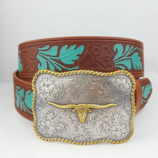Western Hand painted Tooled Belt w. Log Horn Buckle