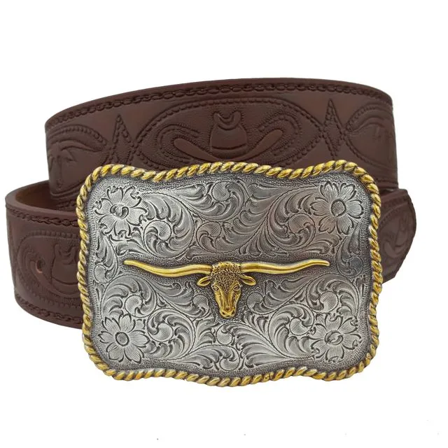 Western Long Horn Buckle w. matching tooled belt